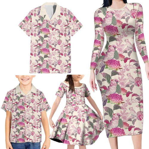 Pink Cockatoo Australia Family Matching Long Sleeve Bodycon Dress and Hawaiian Shirt Tropical Flowers - Seamless Pattern
