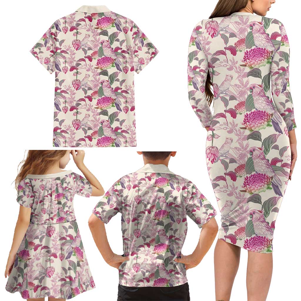 Pink Cockatoo Australia Family Matching Long Sleeve Bodycon Dress and Hawaiian Shirt Tropical Flowers - Seamless Pattern