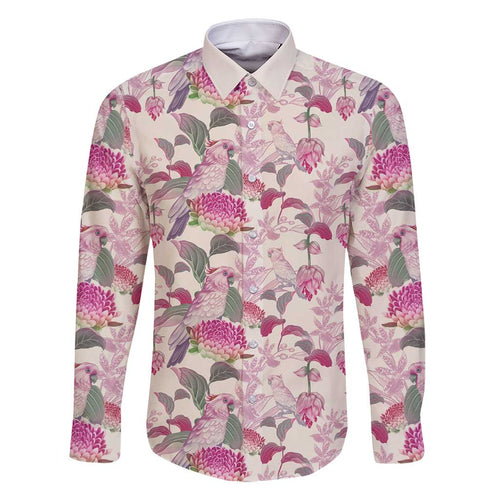 Pink Cockatoo Australia Family Matching Long Sleeve Bodycon Dress and Hawaiian Shirt Tropical Flowers - Seamless Pattern