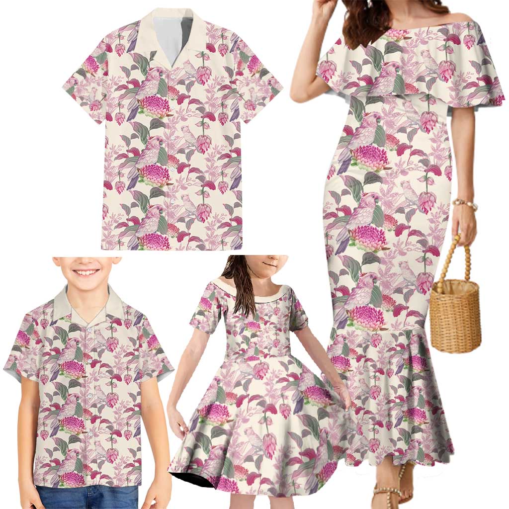 Pink Cockatoo Australia Family Matching Mermaid Dress and Hawaiian Shirt Tropical Flowers - Seamless Pattern