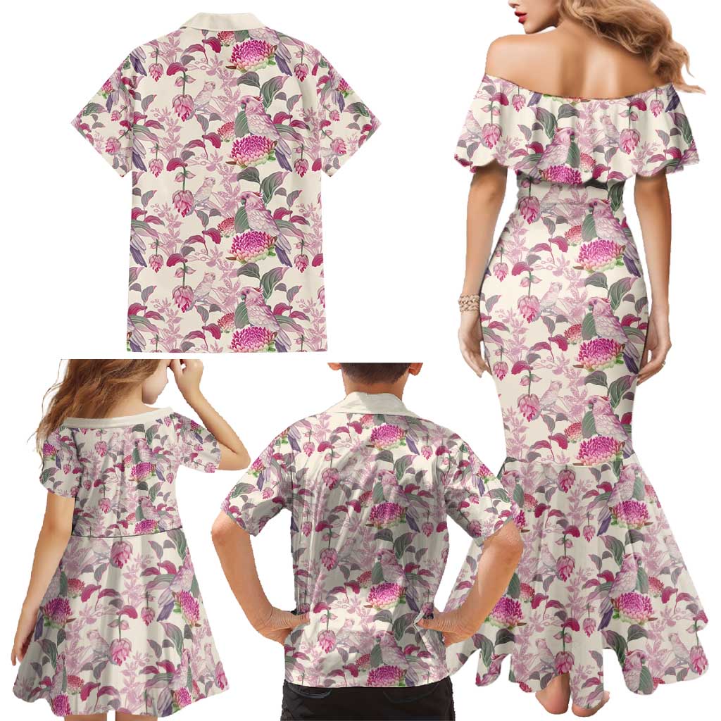 Pink Cockatoo Australia Family Matching Mermaid Dress and Hawaiian Shirt Tropical Flowers - Seamless Pattern