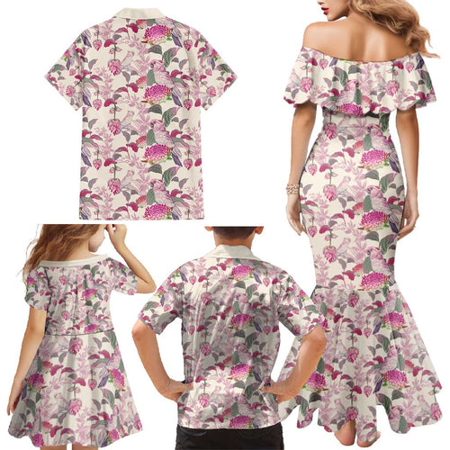 Pink Cockatoo Australia Family Matching Mermaid Dress and Hawaiian Shirt Tropical Flowers - Seamless Pattern