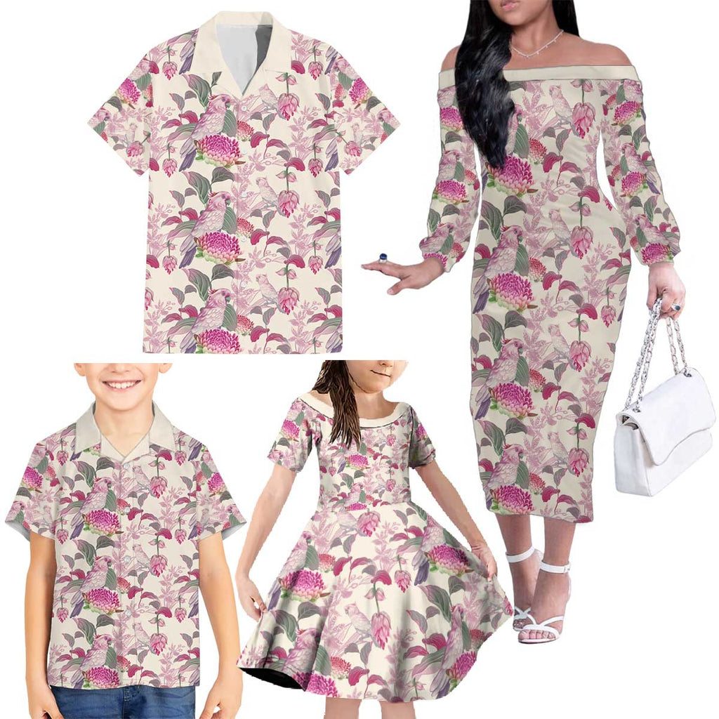 Pink Cockatoo Australia Family Matching Off The Shoulder Long Sleeve Dress and Hawaiian Shirt Tropical Flowers - Seamless Pattern