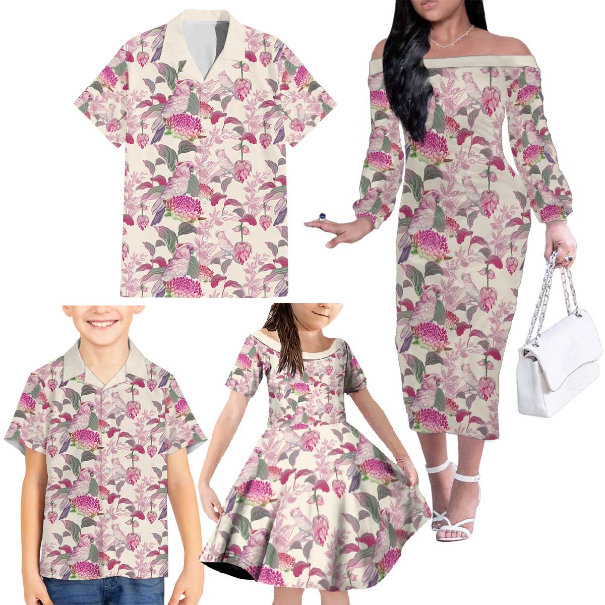 Pink Cockatoo Australia Family Matching Off The Shoulder Long Sleeve Dress and Hawaiian Shirt Tropical Flowers - Seamless Pattern