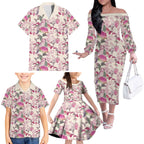 Pink Cockatoo Australia Family Matching Off The Shoulder Long Sleeve Dress and Hawaiian Shirt Tropical Flowers - Seamless Pattern