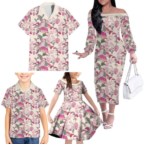 Pink Cockatoo Australia Family Matching Off The Shoulder Long Sleeve Dress and Hawaiian Shirt Tropical Flowers - Seamless Pattern