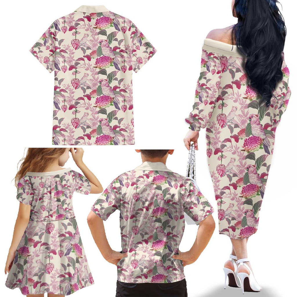 Pink Cockatoo Australia Family Matching Off The Shoulder Long Sleeve Dress and Hawaiian Shirt Tropical Flowers - Seamless Pattern
