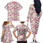 Pink Cockatoo Australia Family Matching Off The Shoulder Long Sleeve Dress and Hawaiian Shirt Tropical Flowers - Seamless Pattern