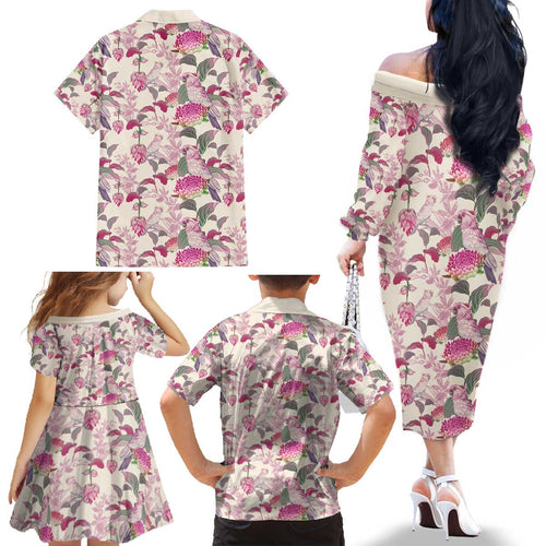 Pink Cockatoo Australia Family Matching Off The Shoulder Long Sleeve Dress and Hawaiian Shirt Tropical Flowers - Seamless Pattern
