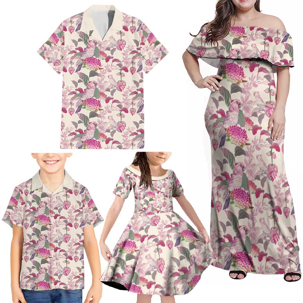 Pink Cockatoo Australia Family Matching Off Shoulder Maxi Dress and Hawaiian Shirt Tropical Flowers - Seamless Pattern