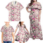 Pink Cockatoo Australia Family Matching Off Shoulder Maxi Dress and Hawaiian Shirt Tropical Flowers - Seamless Pattern