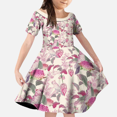 Pink Cockatoo Australia Family Matching Off Shoulder Maxi Dress and Hawaiian Shirt Tropical Flowers - Seamless Pattern