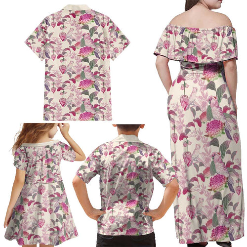 Pink Cockatoo Australia Family Matching Off Shoulder Maxi Dress and Hawaiian Shirt Tropical Flowers - Seamless Pattern