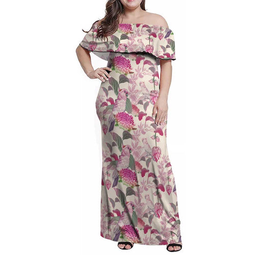 Pink Cockatoo Australia Family Matching Off Shoulder Maxi Dress and Hawaiian Shirt Tropical Flowers - Seamless Pattern