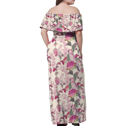 Pink Cockatoo Australia Family Matching Off Shoulder Maxi Dress and Hawaiian Shirt Tropical Flowers - Seamless Pattern