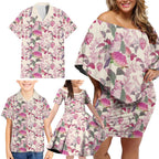 Pink Cockatoo Australia Family Matching Off Shoulder Short Dress and Hawaiian Shirt Tropical Flowers - Seamless Pattern