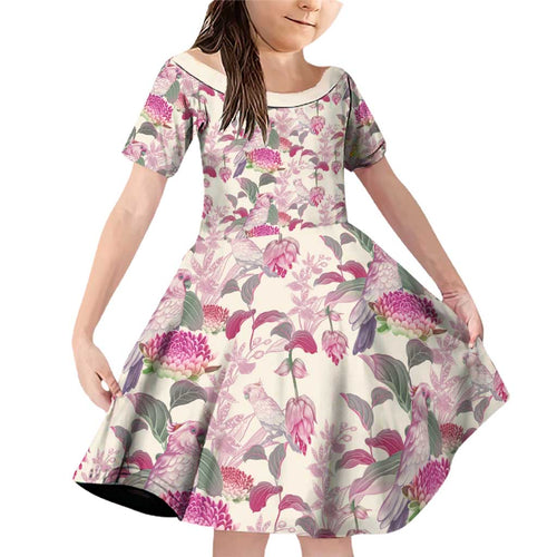 Pink Cockatoo Australia Family Matching Off Shoulder Short Dress and Hawaiian Shirt Tropical Flowers - Seamless Pattern
