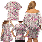Pink Cockatoo Australia Family Matching Off Shoulder Short Dress and Hawaiian Shirt Tropical Flowers - Seamless Pattern