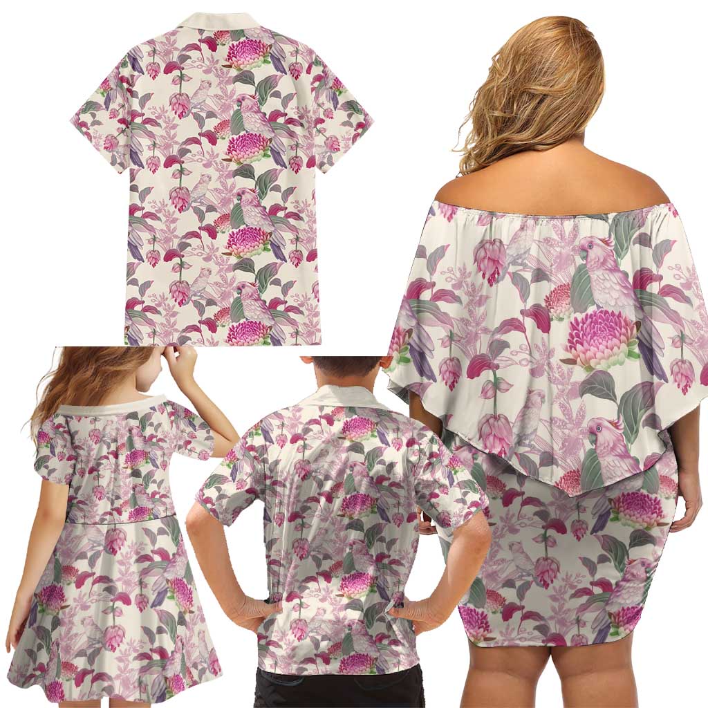 Pink Cockatoo Australia Family Matching Off Shoulder Short Dress and Hawaiian Shirt Tropical Flowers - Seamless Pattern