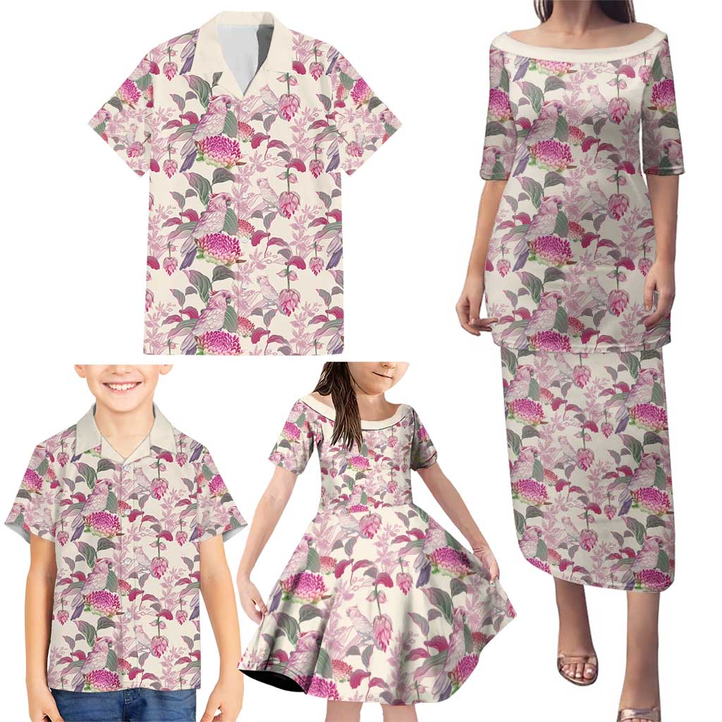 Pink Cockatoo Australia Family Matching Puletasi and Hawaiian Shirt Tropical Flowers - Seamless Pattern