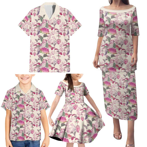 Pink Cockatoo Australia Family Matching Puletasi and Hawaiian Shirt Tropical Flowers - Seamless Pattern
