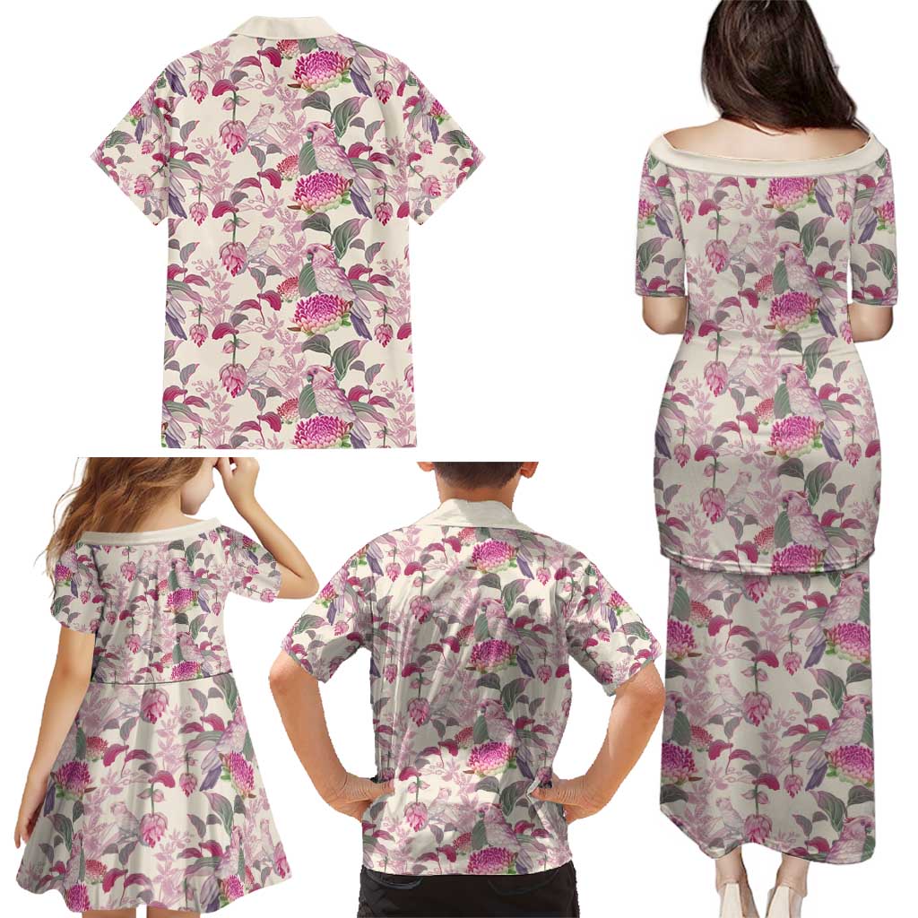 Pink Cockatoo Australia Family Matching Puletasi and Hawaiian Shirt Tropical Flowers - Seamless Pattern