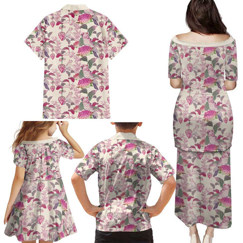 Pink Cockatoo Australia Family Matching Puletasi and Hawaiian Shirt Tropical Flowers - Seamless Pattern