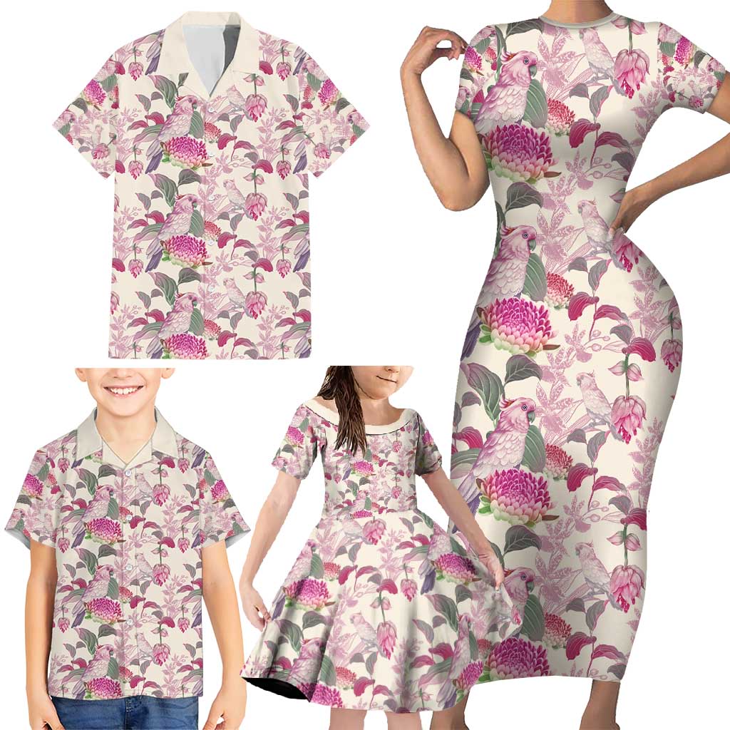 Pink Cockatoo Australia Family Matching Short Sleeve Bodycon Dress and Hawaiian Shirt Tropical Flowers - Seamless Pattern