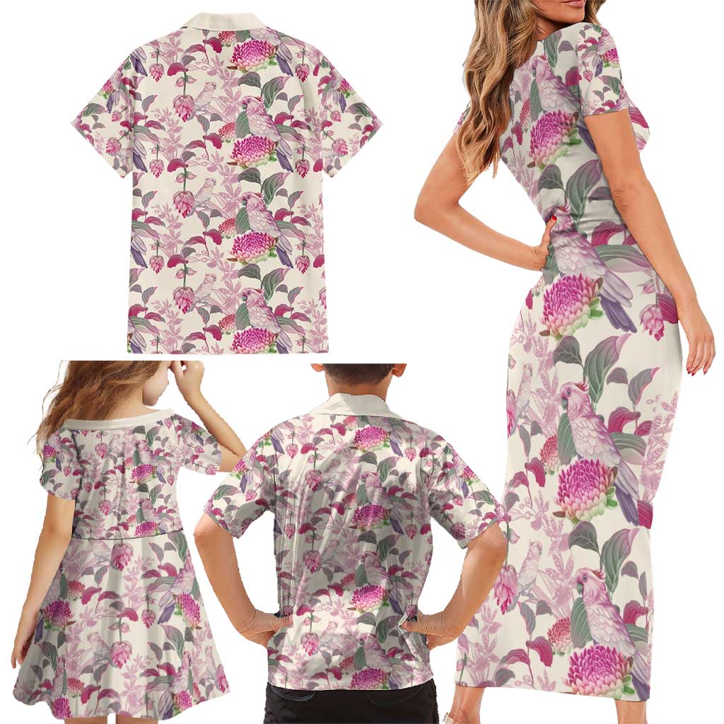Pink Cockatoo Australia Family Matching Short Sleeve Bodycon Dress and Hawaiian Shirt Tropical Flowers - Seamless Pattern
