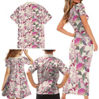 Pink Cockatoo Australia Family Matching Short Sleeve Bodycon Dress and Hawaiian Shirt Tropical Flowers - Seamless Pattern