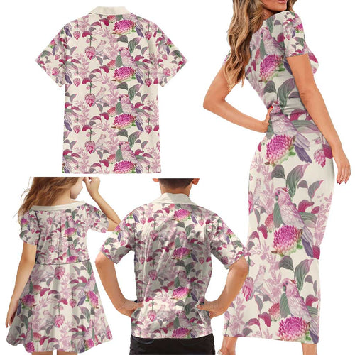 Pink Cockatoo Australia Family Matching Short Sleeve Bodycon Dress and Hawaiian Shirt Tropical Flowers - Seamless Pattern