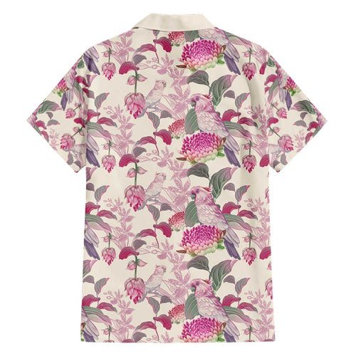 Pink Cockatoo Australia Family Matching Short Sleeve Bodycon Dress and Hawaiian Shirt Tropical Flowers - Seamless Pattern