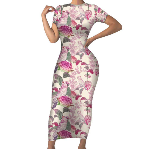 Pink Cockatoo Australia Family Matching Short Sleeve Bodycon Dress and Hawaiian Shirt Tropical Flowers - Seamless Pattern