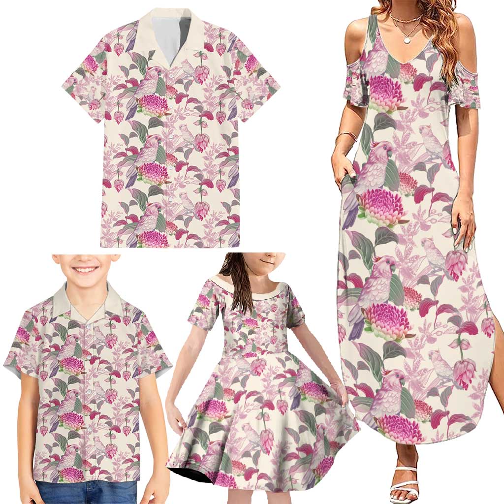 Pink Cockatoo Australia Family Matching Summer Maxi Dress and Hawaiian Shirt Tropical Flowers - Seamless Pattern