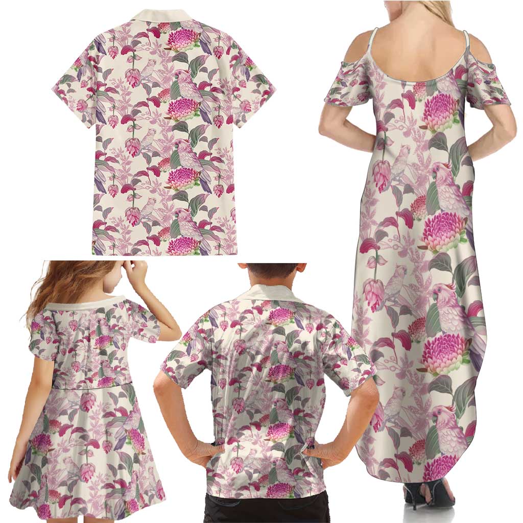 Pink Cockatoo Australia Family Matching Summer Maxi Dress and Hawaiian Shirt Tropical Flowers - Seamless Pattern