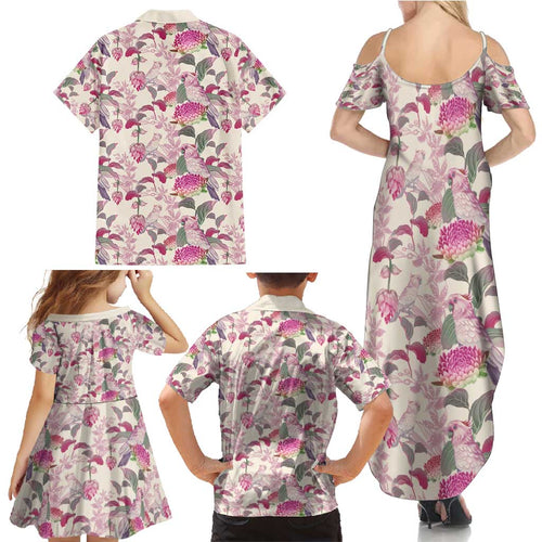 Pink Cockatoo Australia Family Matching Summer Maxi Dress and Hawaiian Shirt Tropical Flowers - Seamless Pattern