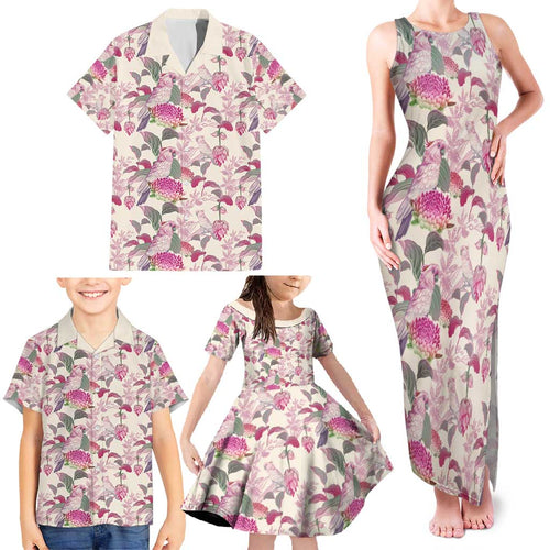 Pink Cockatoo Australia Family Matching Tank Maxi Dress and Hawaiian Shirt Tropical Flowers - Seamless Pattern