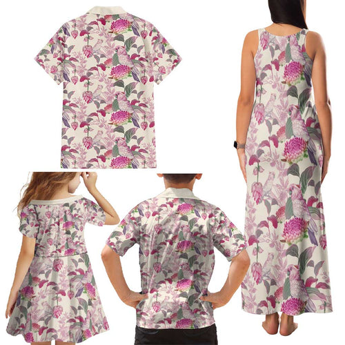 Pink Cockatoo Australia Family Matching Tank Maxi Dress and Hawaiian Shirt Tropical Flowers - Seamless Pattern