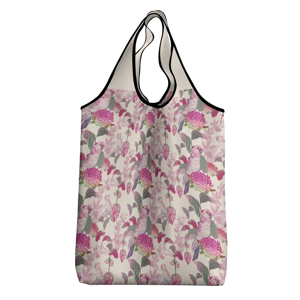 Pink Cockatoo Australia Grocery Bag Tropical Flowers - Seamless Pattern
