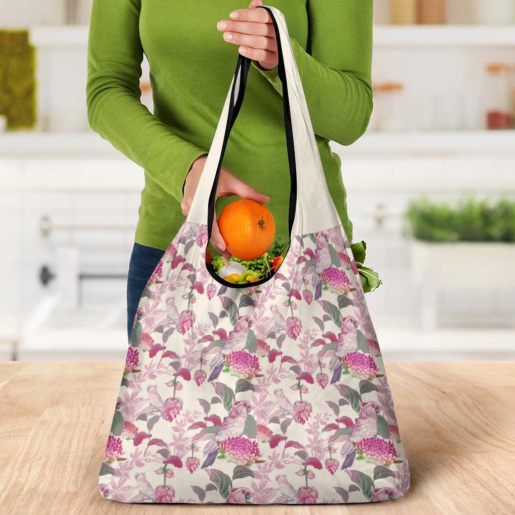 Pink Cockatoo Australia Grocery Bag Tropical Flowers - Seamless Pattern