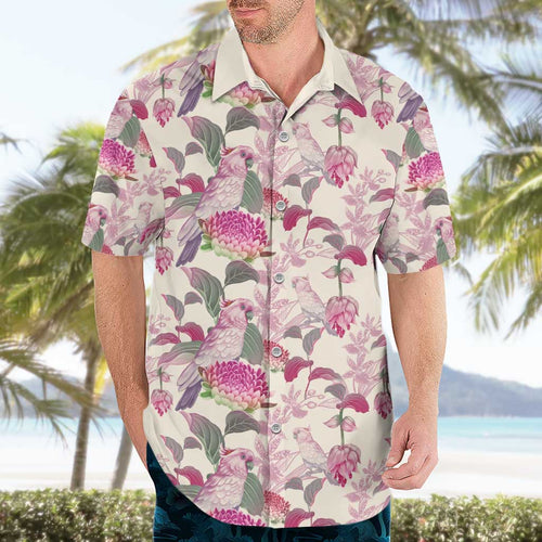 Pink Cockatoo Australia Hawaiian Shirt Tropical Flowers - Seamless Pattern