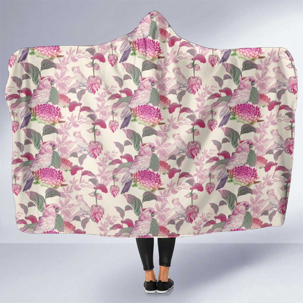 Pink Cockatoo Australia Hooded Blanket Tropical Flowers - Seamless Pattern