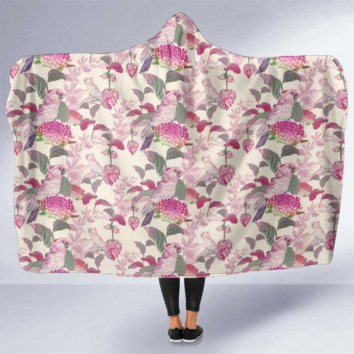Pink Cockatoo Australia Hooded Blanket Tropical Flowers - Seamless Pattern