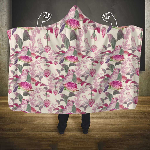 Pink Cockatoo Australia Hooded Blanket Tropical Flowers - Seamless Pattern