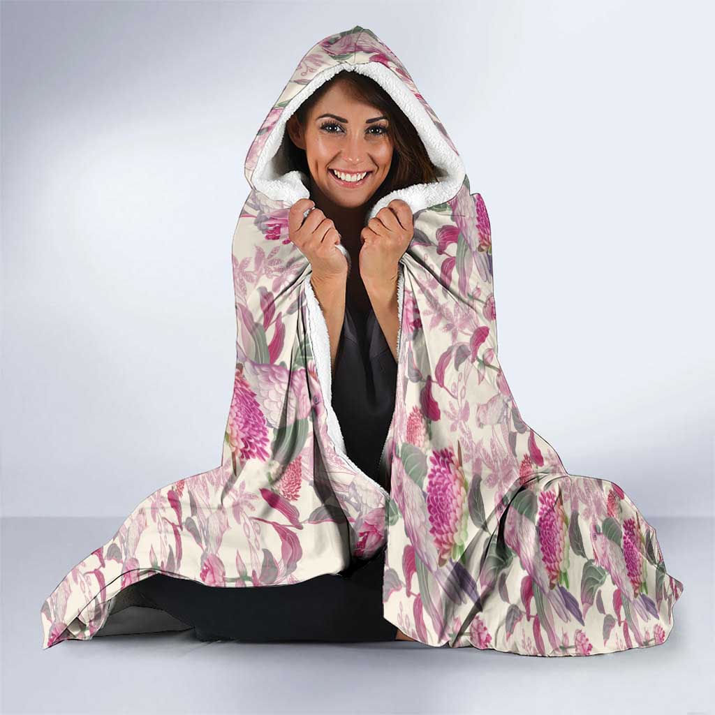 Pink Cockatoo Australia Hooded Blanket Tropical Flowers - Seamless Pattern