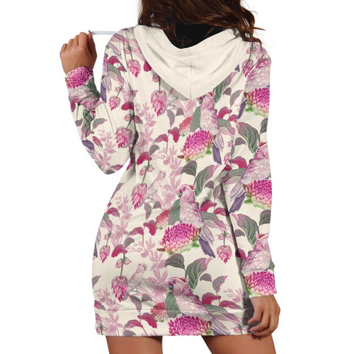 Pink Cockatoo Australia Hoodie Dress Tropical Flowers - Seamless Pattern