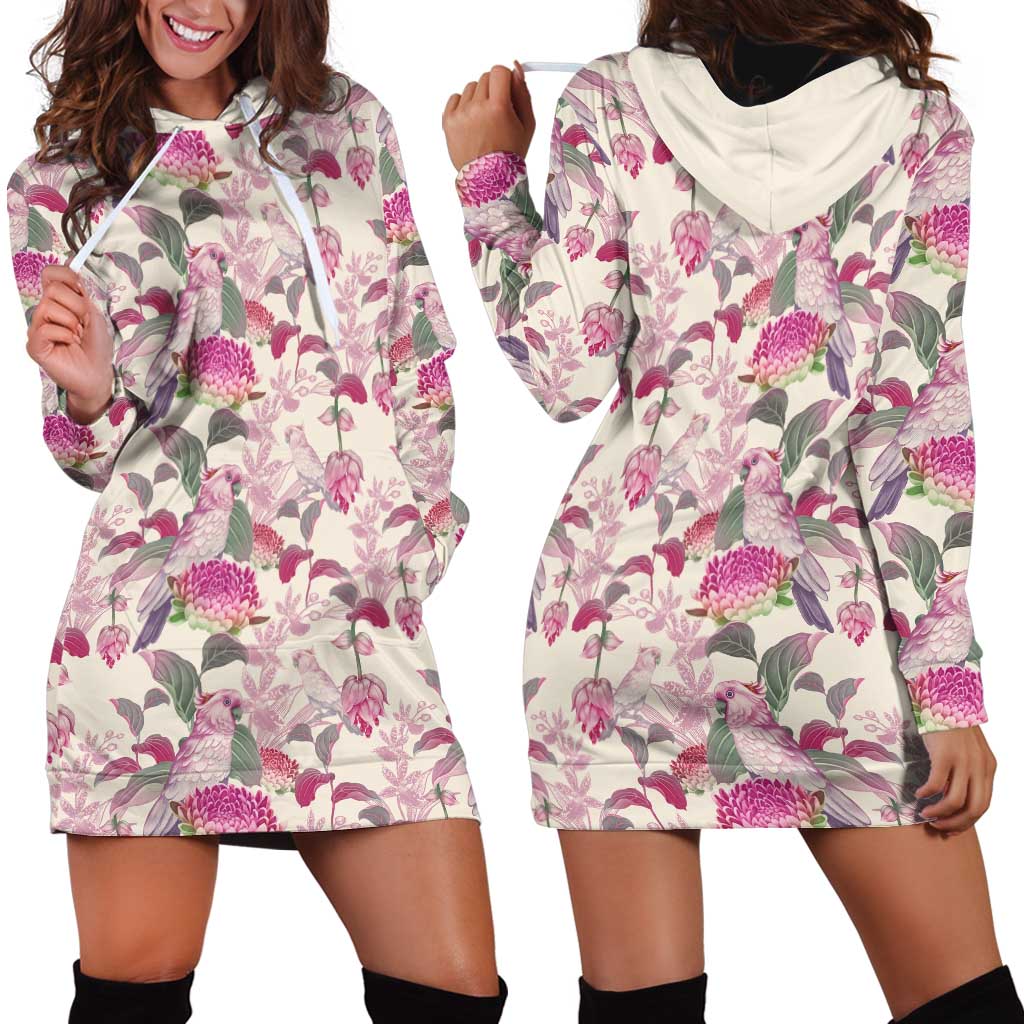 Pink Cockatoo Australia Hoodie Dress Tropical Flowers - Seamless Pattern