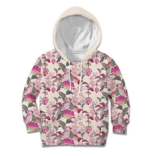 Pink Cockatoo Australia Kid Hoodie Tropical Flowers - Seamless Pattern