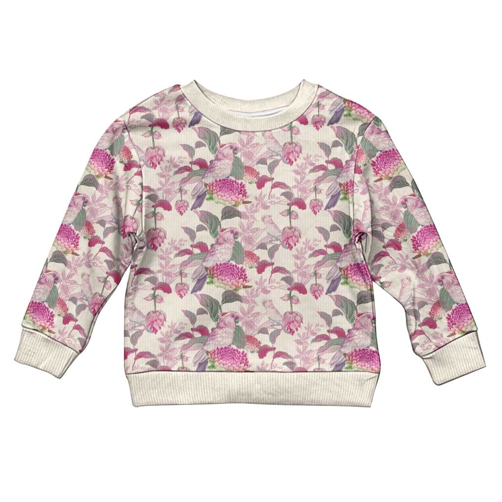 Pink Cockatoo Australia Kid Ugly Christmas Sweater Tropical Flowers - Seamless Pattern