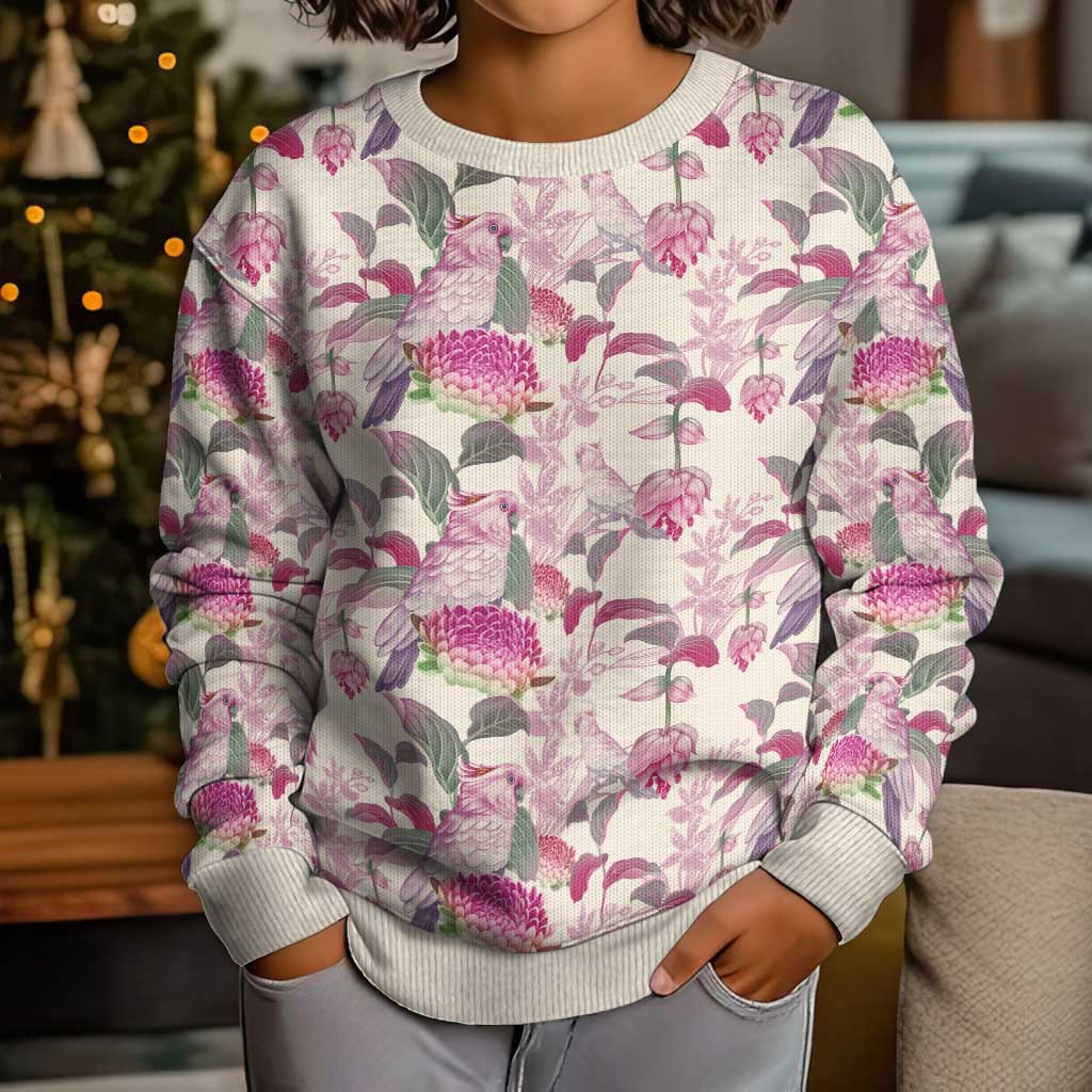 Pink Cockatoo Australia Kid Ugly Christmas Sweater Tropical Flowers - Seamless Pattern
